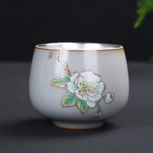 70ml Porcelain Glaze Silver Tea Cup Floral Painted Glaze Under Cups Tea Set