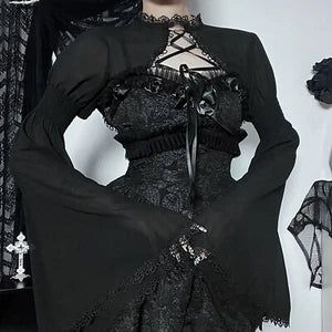 Women Sexy Gothic Long Flare Sleeve Lace Shrug Retro Steampunk Crop Top Cardigan