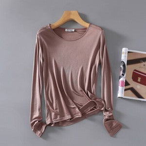 Womens lingerie Mulberry Silk Knitted Round Neck T Shirt Undershirt Long Sleeve