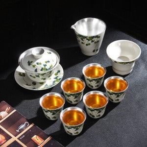 Health Care Pure Silver Tea Set Porcelain Flower Relief Honeysuckle Gaiwan Cups