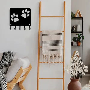 Paw Print Key Rack Hanger & Dog Leash Organizer - 6 inch Wide Metal Wall Art