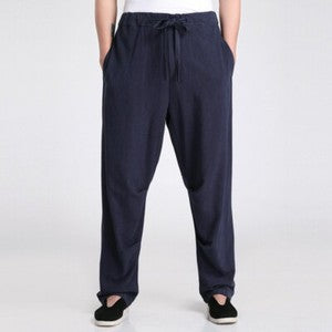Men Chinese Kung Fu Pants Martial Art Linen Tang Suit Trouser Elastic Waist Long