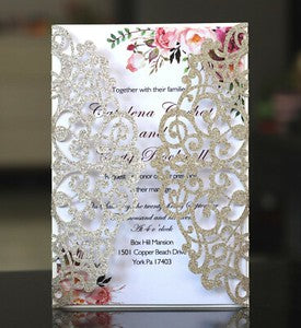 50X Glitter Wedding Invitation Card Laser Cut Romantic Party Floral Personalize