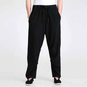 Men Chinese Kung Fu Pants Martial Art Linen Tang Suit Trouser Elastic Waist Long