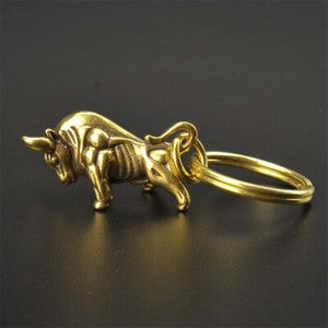 Pure Brass Bull Keychain Pendant Ring Hanging Ornament Miniature Tea Pet Craft