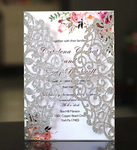 50X Glitter Wedding Invitation Card Laser Cut Romantic Party Floral Personalize