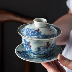 handmade gaiwan under glaze porcelain covered bowl SanCai tureen 150ml coaster