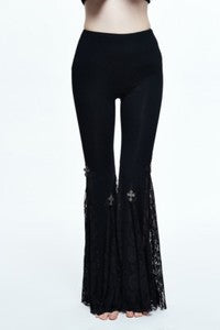 Women Gothic Sexy Lace Stretch Leggings Steampunk High Waist Black Flare Pants