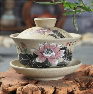 Pottery Gaiwan Floral Mountain-river Tureen Chinese Tea Cup Bowl Lid Saucer Cups