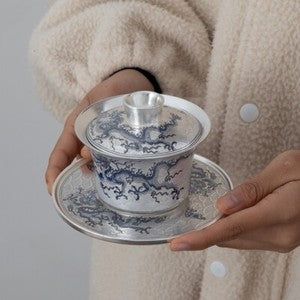 silver gaiwan ceramic tureen tea cup dragon design chinese tea set handpainted