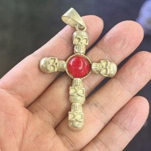 Tibetan Old Collection Antique Skull Cross Inlaid Gemstone Pendant Retro Gift
