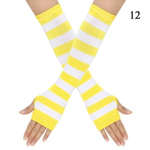 Women Striped Arm Sleeve Mittens Arm Hand Warmer Knitted Long Fingerless Gloves