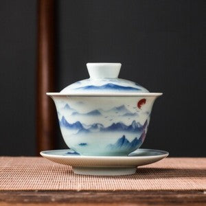 handmade gaiwan under glaze porcelain covered bowl SanCai tureen 150ml coaster