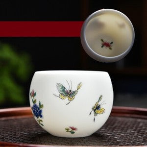 Ceramic Tea Cup Fat Mutton Jade Porcelain Master Cup Butterfly Print Cup 140ml