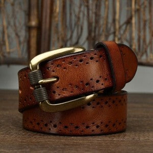 Men's Vintage Hollow Leather Belt Solid Brass Buckle Waistbands for Pants Brown