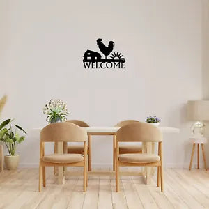 Sunrise on Farm Rooster Welcome Sign - 12 inch Wide Metal Wall Art