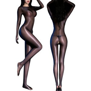 US Women's Bodysuit Oil Shiny Glossy Lingerie See-Through Sheer Hollow Catsuit