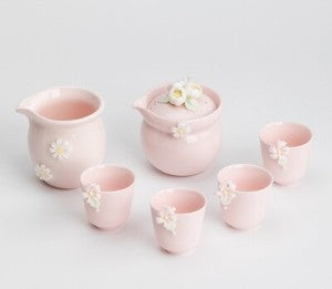 Chinese Tea Pot Matching Tea Cup Floral Handmade Relief Holiday Gift Ceramic Pot