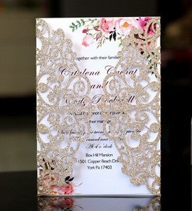50X Glitter Wedding Invitation Card Laser Cut Romantic Party Floral Personalize