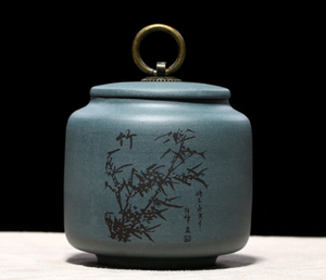 10.5cm China Purple Clay Hand Painted Plum Orchid Bamboo Chrysanthemum Tea Jar