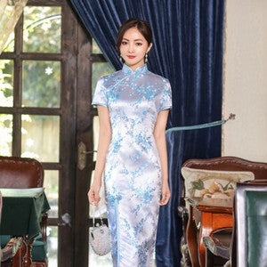 Women Prom Gown Summer Silk Satin Dress Chinese Traditional Cheongsam Size S-4XL