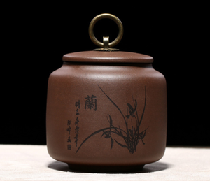 10.5cm China Purple Clay Hand Painted Plum Orchid Bamboo Chrysanthemum Tea Jar