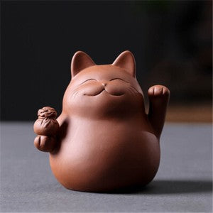 8.9cm Chinese Yixing Creative Handmade Purple Clay Cat Home Decoration Tea Pet