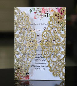 50X Glitter Wedding Invitation Card Laser Cut Romantic Party Floral Personalize