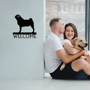 Dog Welcome Sign Pug - Size 12" x 11.5" Metal Wall Art