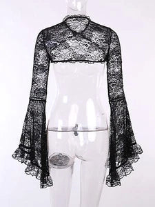 Women Sexy Gothic Long Flare Sleeve Lace Shrug Retro Steampunk Crop Top Cardigan