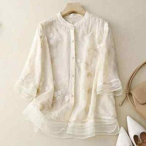 Women'S Cotton Linen Floral Shirts Embroidery Chinese Style Loose Blouse