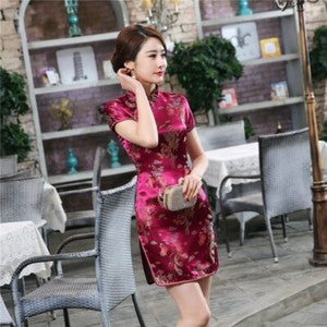 Chinese Traditional Cheongsam Faux Silk Satin Dress Lady Prom Qipao Party Retro
