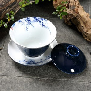 Porcelain Gaiwan Blue Glaze Tureen Jingdezhen Handpainted Covered Bowl Tea Cup