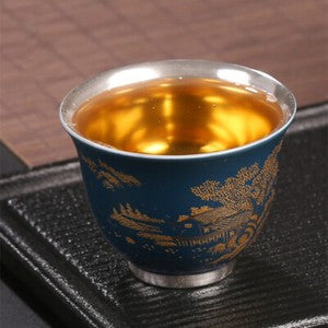 999 Sterling Silver Cup Mountain Relief Handmade Porcelain Tea Cup 50ml Glaze
