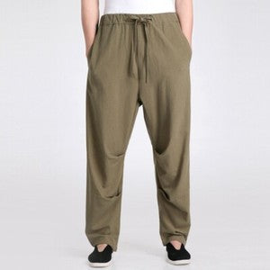 Men Chinese Kung Fu Pants Martial Art Linen Tang Suit Trouser Elastic Waist Long