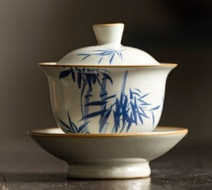 Gaiwan Ruyao Craft Crackle Glaze Porcelain Tureen With Saucer Lid Bamboo Print
