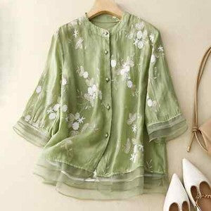 Women'S Cotton Linen Floral Shirts Embroidery Chinese Style Loose Blouse