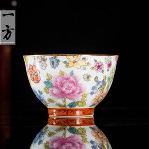 One Cup Color Enamel Craft Porcelain Tea Cup On Sales Peony Flower Print 85ml