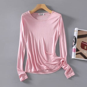 Womens lingerie Mulberry Silk Knitted Round Neck T Shirt Undershirt Long Sleeve