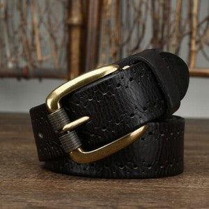 Men's Vintage Hollow Leather Belt Solid Brass Buckle Waistbands for Pants Brown