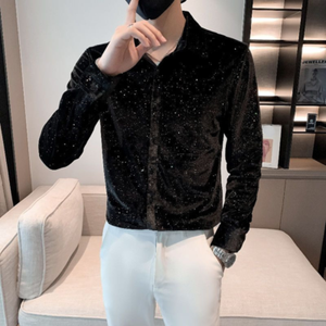 Mens Glitter Velvet Blouse Shirt Top Pleuche Slim Long Sleeve Fashion Costume