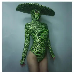 Big Hat Women Nightclub Green Black Zebra Stripes Bodysuit Performance Leotard