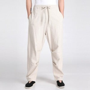 Men Chinese Kung Fu Pants Martial Art Linen Tang Suit Trouser Elastic Waist Long