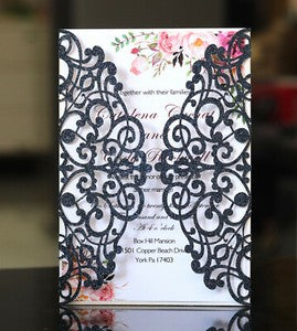 50X Glitter Wedding Invitation Card Laser Cut Romantic Party Floral Personalize