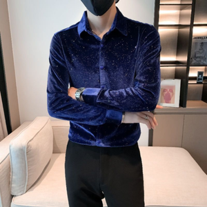 Mens Glitter Velvet Blouse Shirt Top Pleuche Slim Long Sleeve Fashion Costume
