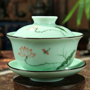 Longquan Porcelain Gaiwan Chinese Green Solid Color Tureen Handpainted Floral