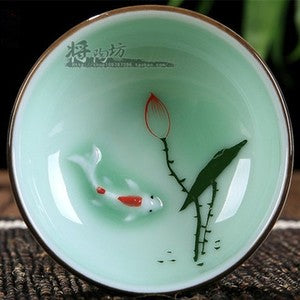 Boutique Celadon Tea Cup Goldfish Four Seasons Lotus Design Ceramic Tea Set