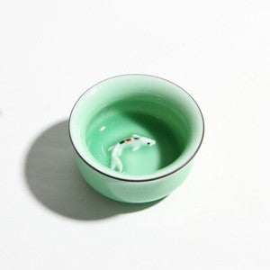 Single Teacup Fish Relief China Longquan Celadon Porcelain Cup Of Tea Master Cup