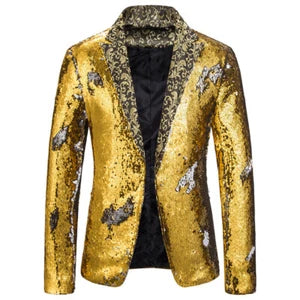 Men Floral Sequin Blazer Suit Jacket Coat One Button Party Clubwear Singer Shiny