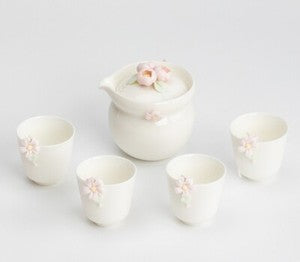 Chinese Tea Pot Matching Tea Cup Floral Handmade Relief Holiday Gift Ceramic Pot